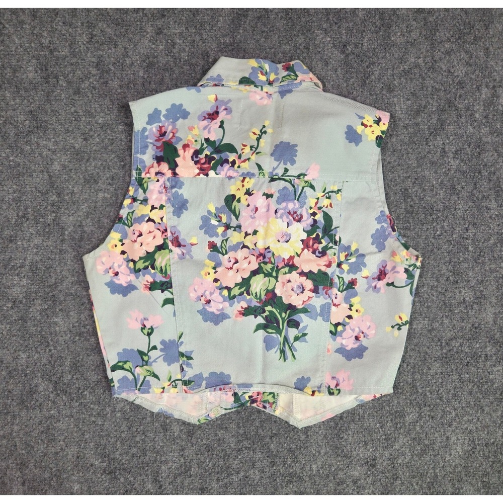 Vintage Hot House Floral Denim Vest Womens Small Green Pink 90s Cropped Cotton - Picture 8 of 8